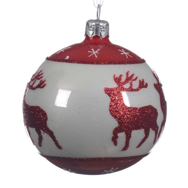 Χριστουγεννιάτικη Γυάλινη Μπάλα Λευκή, με Kόκκινους Τάρανδους (8cm)